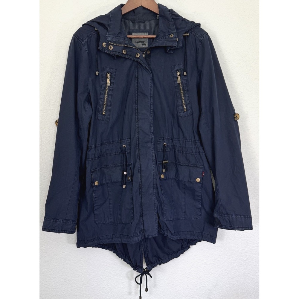 Levis Utility Jacket Woman Large Navy Hooded Zip Button Hiking Removable Hood - Picture 2 of 16